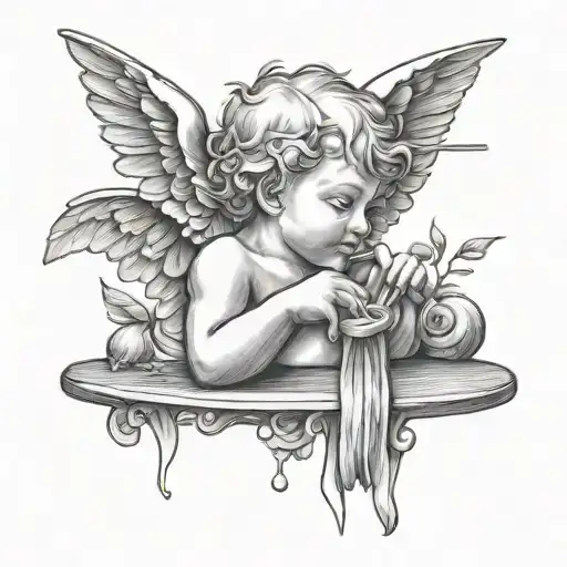 Cherub Hold A Straw To Its Nose Sniffing Powder Off Of A Table Through The Straw