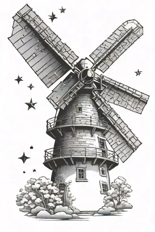 Windmill With Moon And Stars Background Black And White
