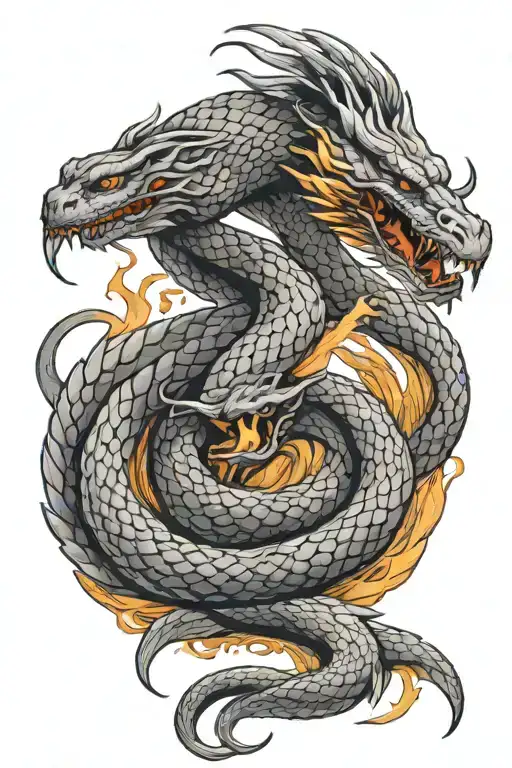 A Hissing Cobra Intertwined With A Fire Breathing Dragon And A Phoenix Rising Behind Them