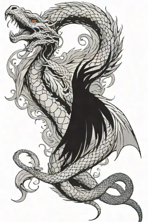 A Hissing Cobra Intertwined With A Fire Breathing Dragon And A Phoenix In The Air Behind Them