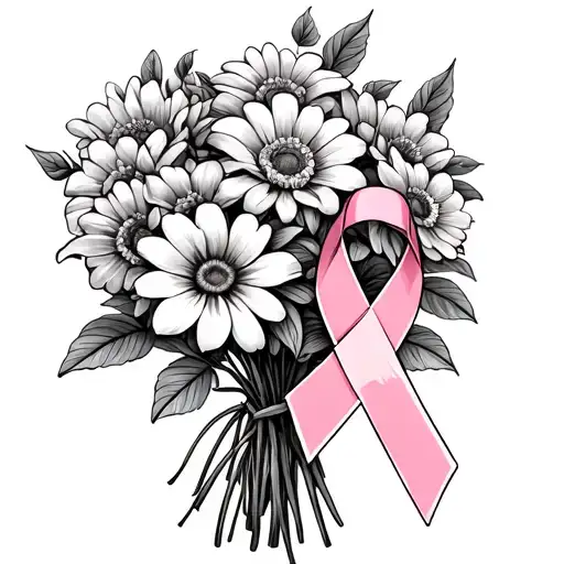 Bouquet Of Flowers With A Breast Cancer Ribbon