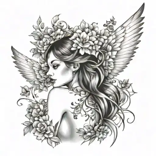 Female Full Body Filled With Flowers And Wing That Are Not Feathers