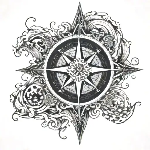 Black And White Ocean Waves With A Compass Rose Blended In The Waves Like A Dream