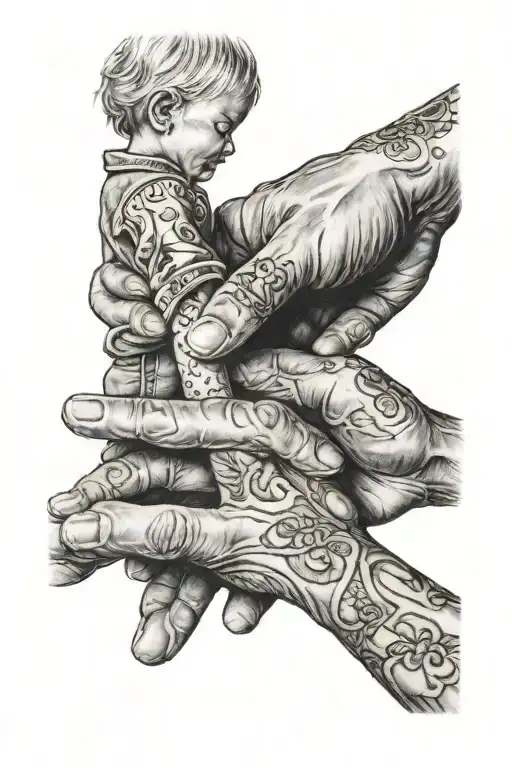 Child's Hand Holding Grandmother's Hand And A Small Table In The Background