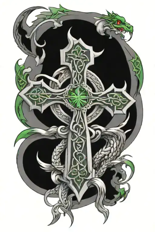Irish Celtic Cross With Clouds And Dragons With Green Eyes