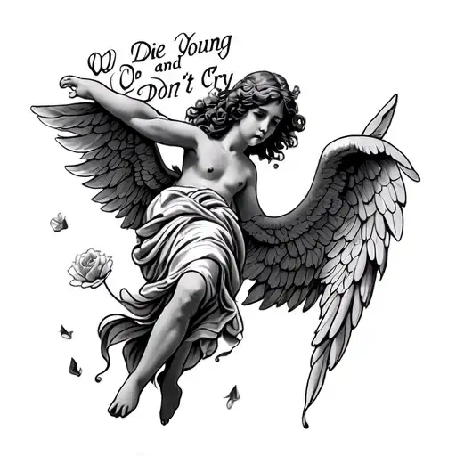 Tattoo With A Falling Angel Written We Die Young And Don't Cry