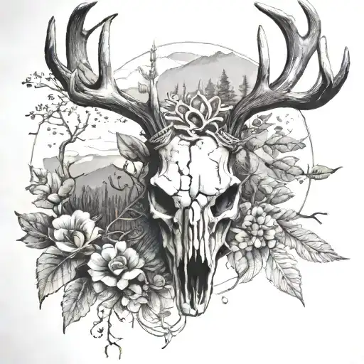 Deer Skull With Nature Scene