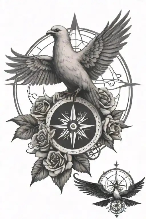 Dove And Rose And Compass Rose With Intricate