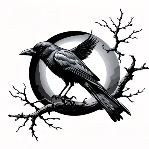 A Crow Perched On A Branch In Front Of An Inverted Moon