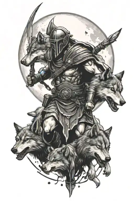 Gladiator With 5 Wolves Moon And Stars Landscape