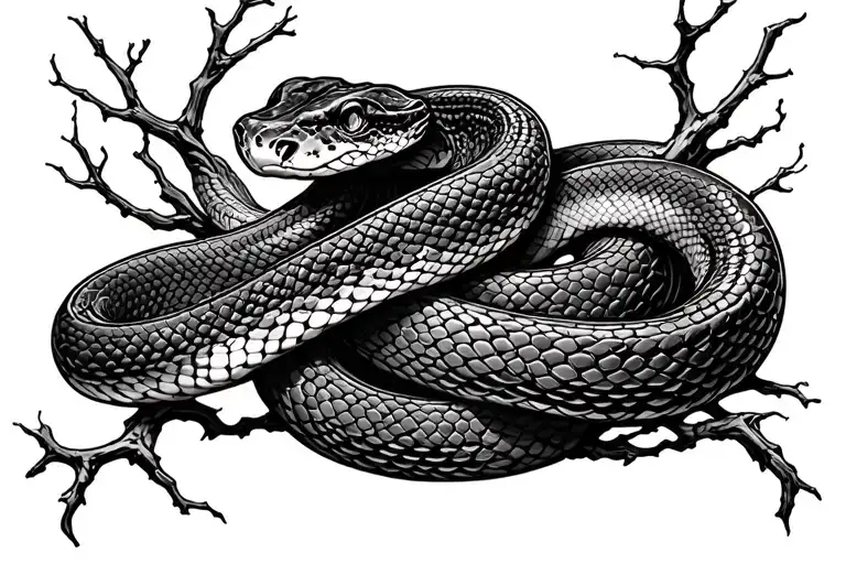 Snake Tangled With Branches