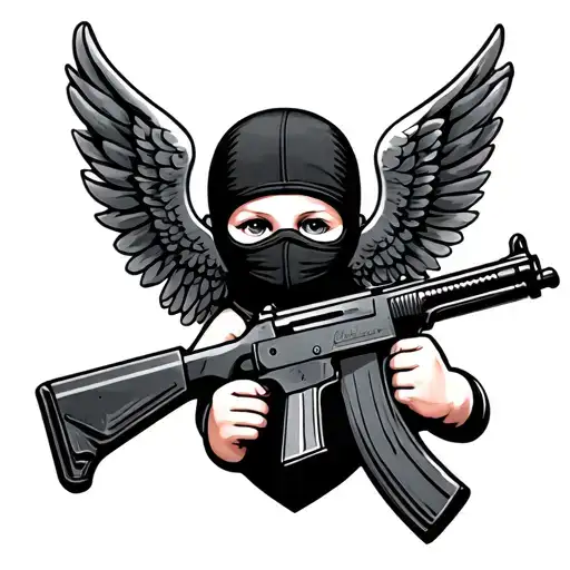 Minimalist Cherub With Ak47 And Balaclava