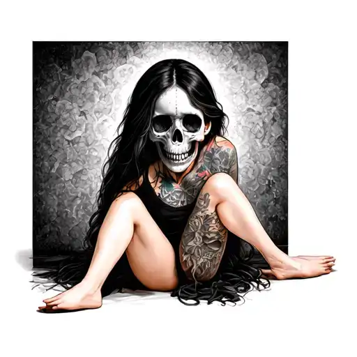 Girl Sitting On Floor And Half Of Her Face Is A Skull