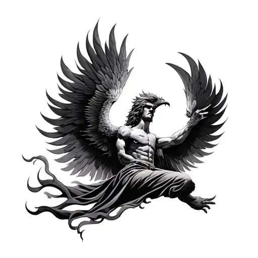 Rising Phoenix From A Laying Man In Black And Gray