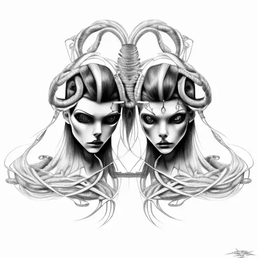 Goth Cyborg Gemini Sisters Hair Tangled Together Conjoined