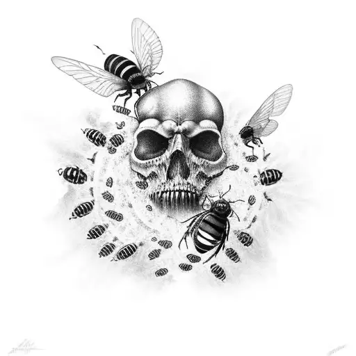A Black-grey Tattoo Of An American Cheraw Indian Surrounded By Bees