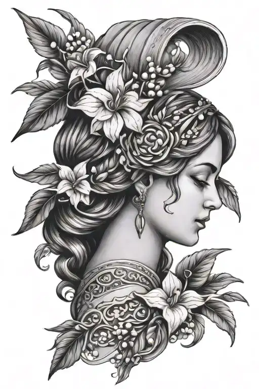 Maia Greek Goddess Side Profile Head To Shoulders With Lily Of The Valley Flowers