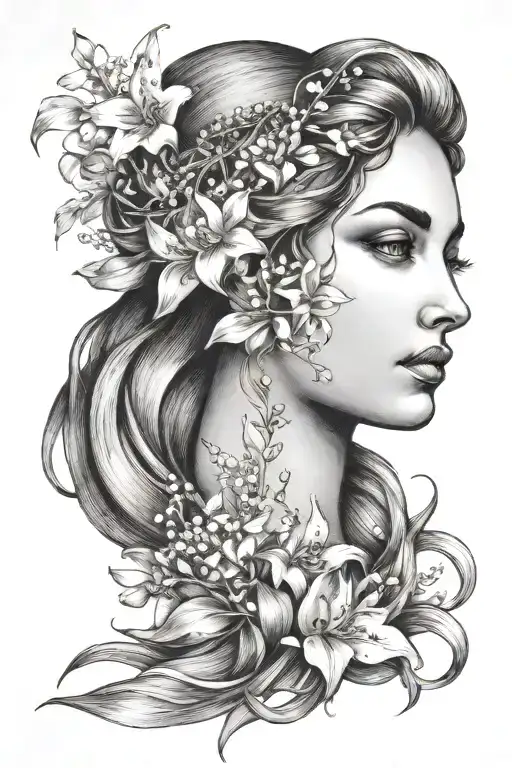 Maia Greek Goddess Side Profile Head To Shoulders With Lily Of The Valley Flowers