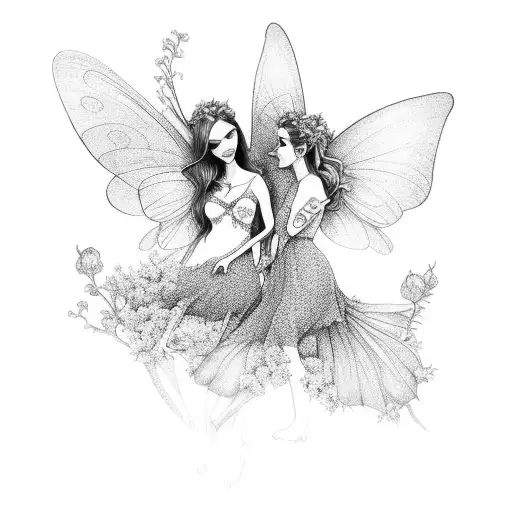 Two Fairies Around Lots Of Beautiful Flowers In A Long Shape