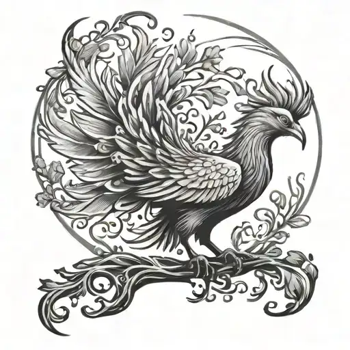 Drawing Of A Phoenix Bird Inside A Tree Of Life In Black And White