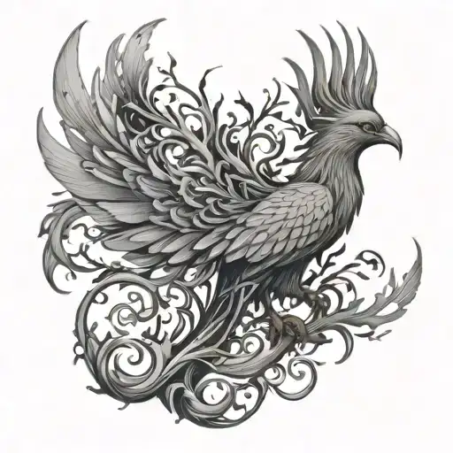 Drawing Of A Phoenix Bird Inside A Tree Of Life In Black And White
