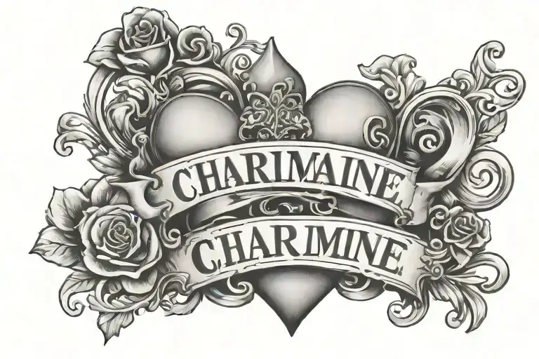 The Word 'Charmaine' Fancy Writing With Hearts And A Lock Tattoo