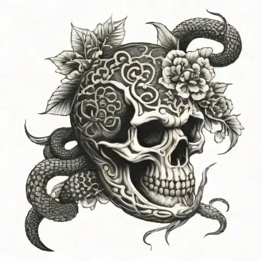Japanese Snake With Flowers And A Skull