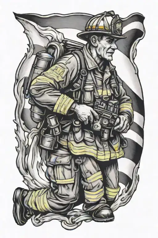 Firefighter With German Flag In Hand With Grandmothers Hand On Shoulder