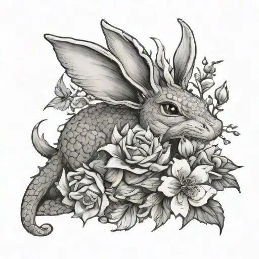 Cute Bunny And Dragon With Flowers