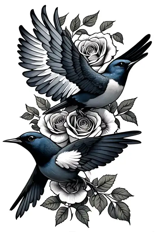 Swallow Birds And Rose Old School Style