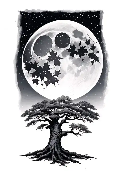 Maple Tree With Moon And Night Sky Filled With Stars