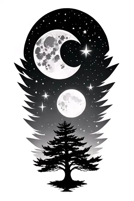 Maple Tree With Moon And Night Sky Filled With Stars