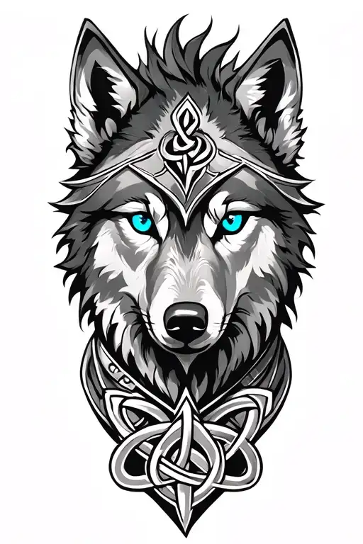 Wolf With Blue Eyes On Armor Tattoo Design Featuring Celtic Trinity Knot