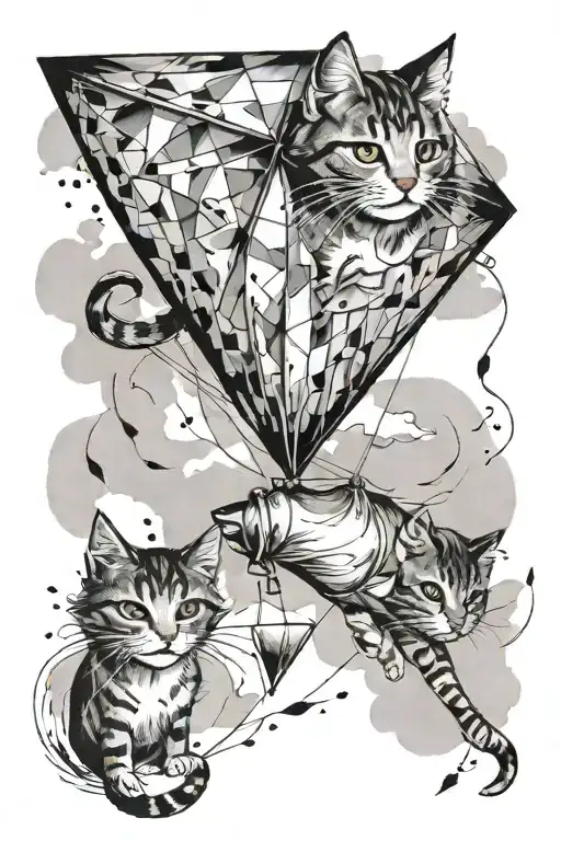 Watercolor Kite In The Air With Cats