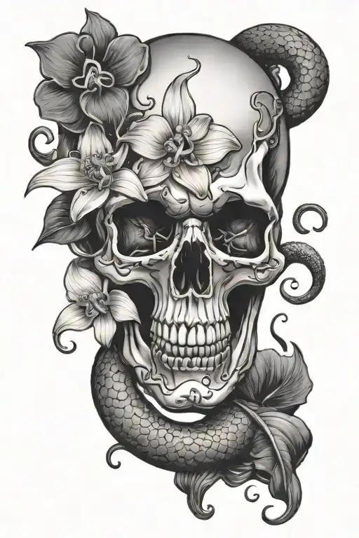 Skull With Orchid Flower And Snake
