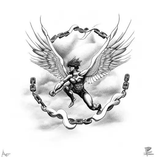 A Black-grey Tattoo Of Icarus Breaking Free From The Chains Of Overthinking