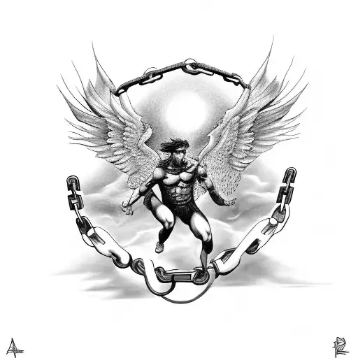 A Black-grey Tattoo Of Icarus Breaking Free From The Chains Of Overthinking