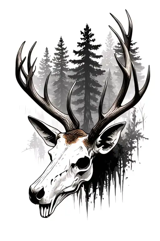 Forest Background Elk Skull With Antlers