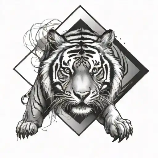 Full Size Tiger Walking Out Of Huge Rhombus Shape Facing Front