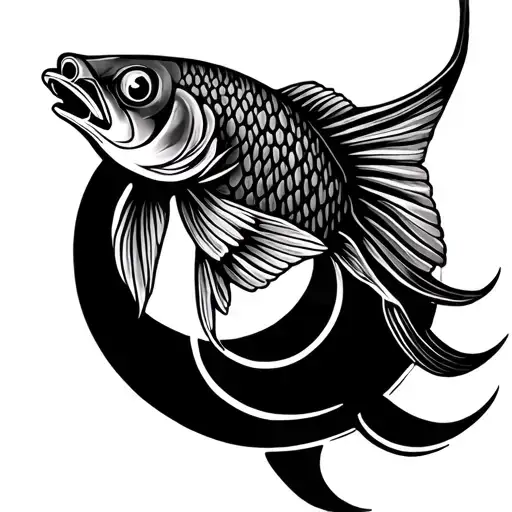 Black And White Tatoo Of Golden Fish With Solar Eclipse Symbol On Its Scales