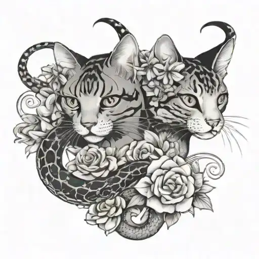 Cats And A Snake With Flowers