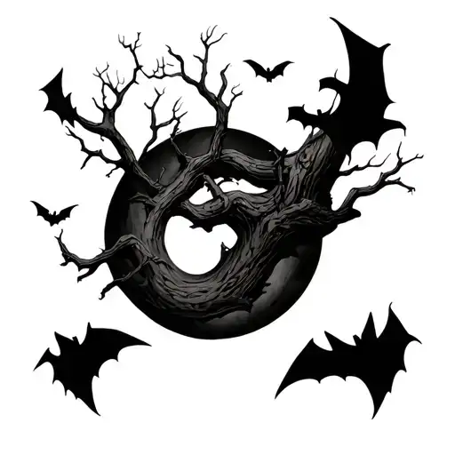 Shahad With Leafless Tree And Bats Flying Across