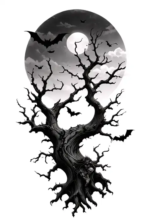 Shahad With Leafless Tree And Bats Flying Across