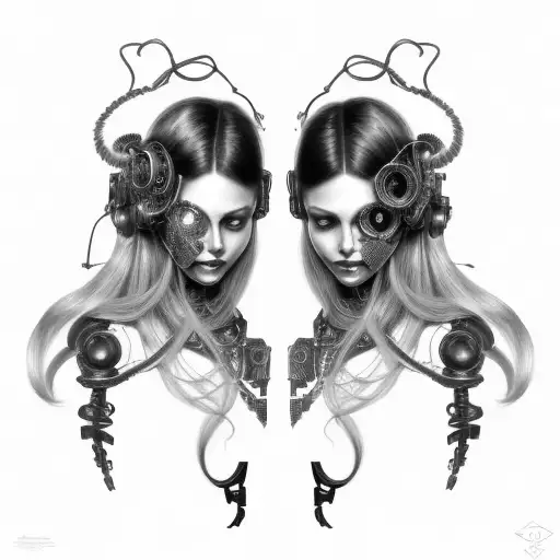 Cyborg Gemini Sisters Hair Tangled Together Conjoined Mischievous Smile Wide Composition