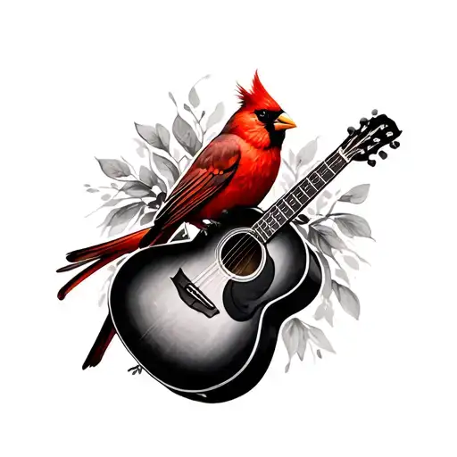 Acoustic Guitar With Red Cardinal Bird