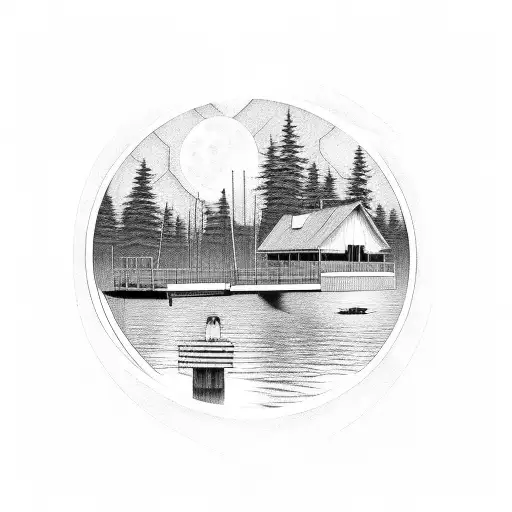 Lake Lined With Docks With Moon Reflection On Water