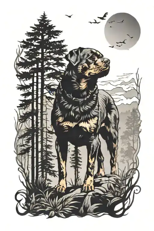 A Rottweiler Silhouette Standing In A Mystical Forest
