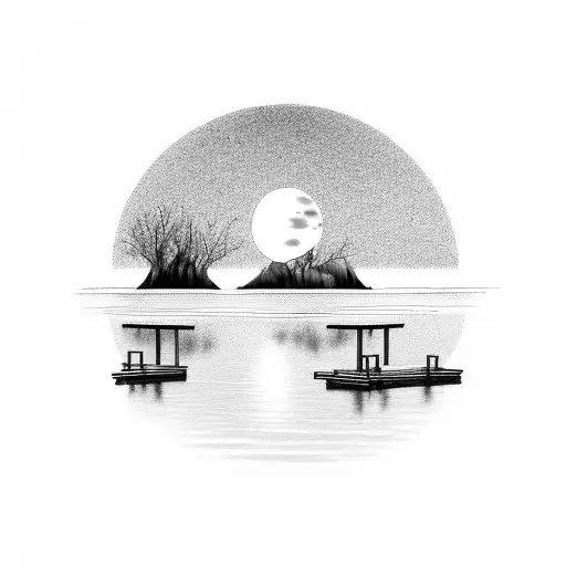 Lake With Moon Reflection And Docks On Horizon