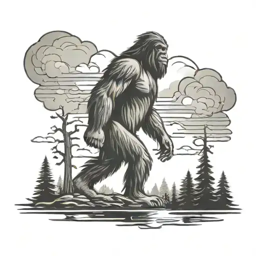 Storm Clouds And Bigfoot With Forest Silhoutte Standing Inside