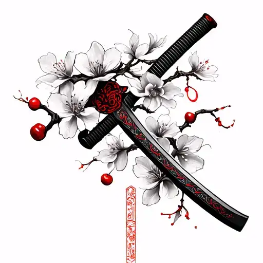 Katana With Cherry Blossoms And Red Details